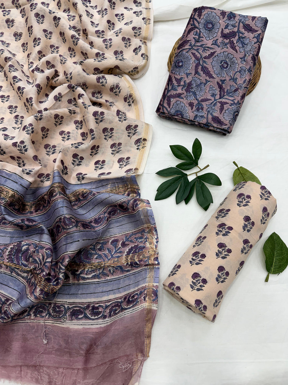 Mauve Gul Chanderi Handblock 3-Piece Unstitched Suit Set