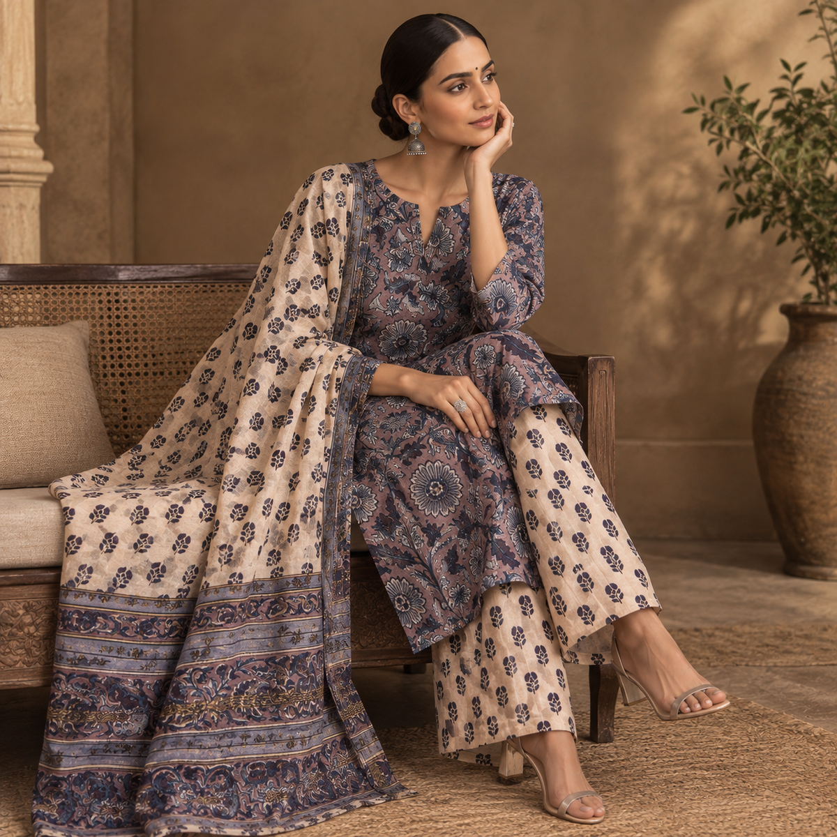 Mauve Gul Chanderi Handblock 3-Piece Unstitched Suit Set