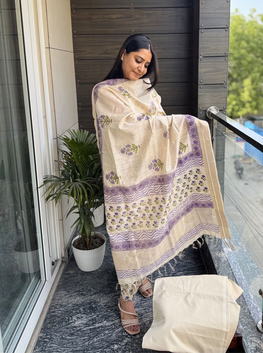 Lavender Bloom Handblock Moonga Silk Suit Set