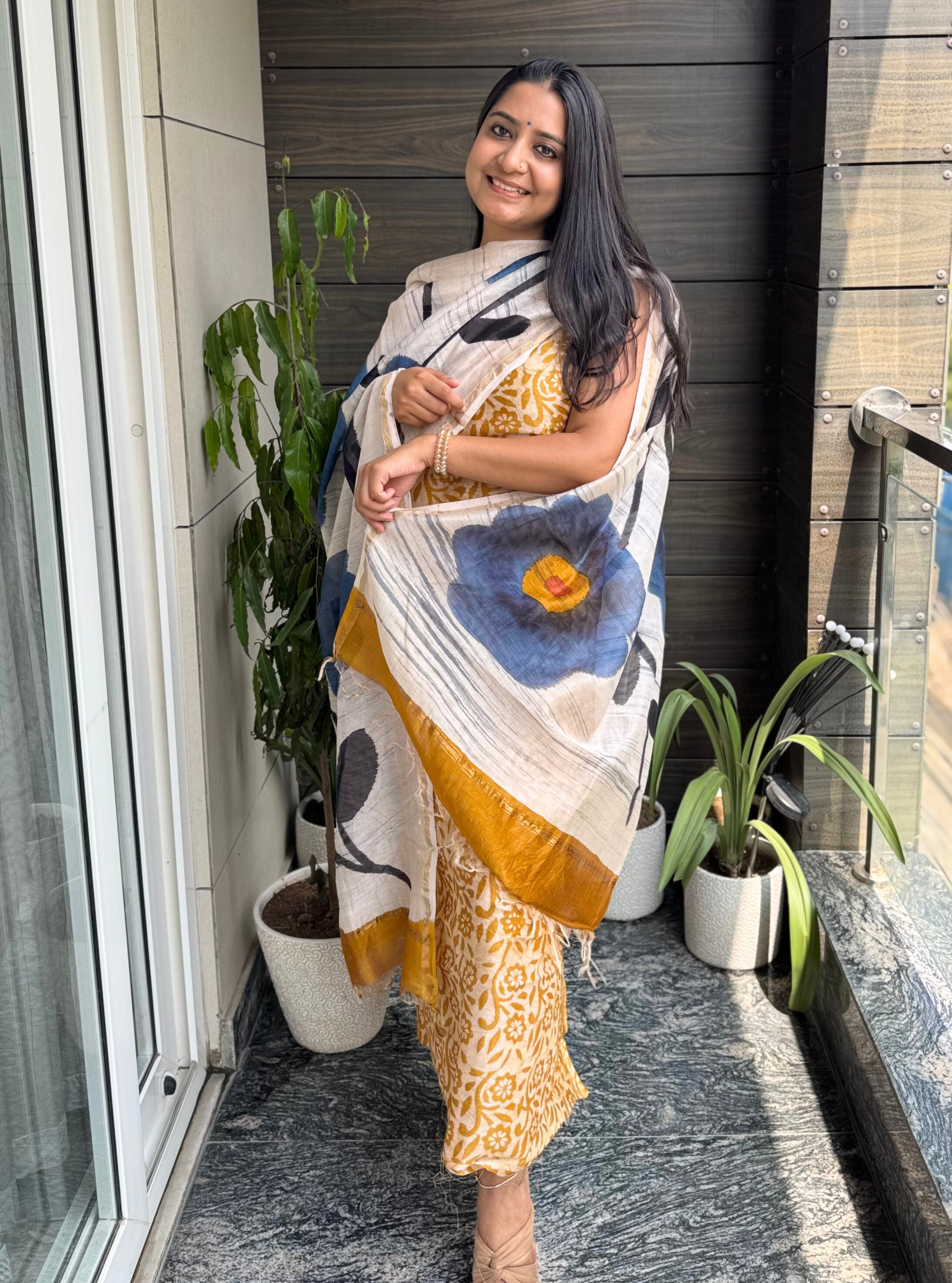Golden Bloom Chanderi Silk Block Print Suit