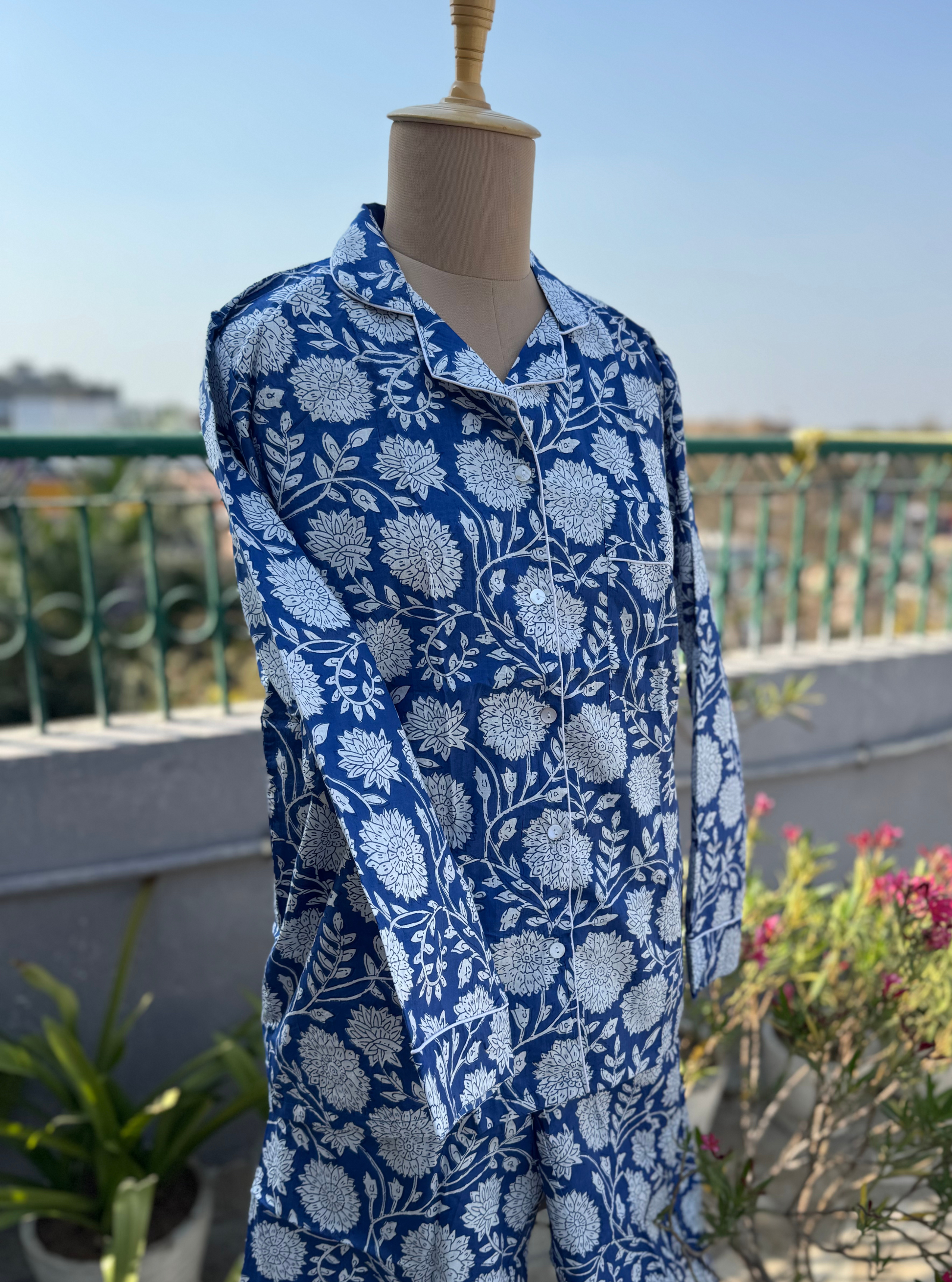 Blue White Marigold Blockprint Nightsuit