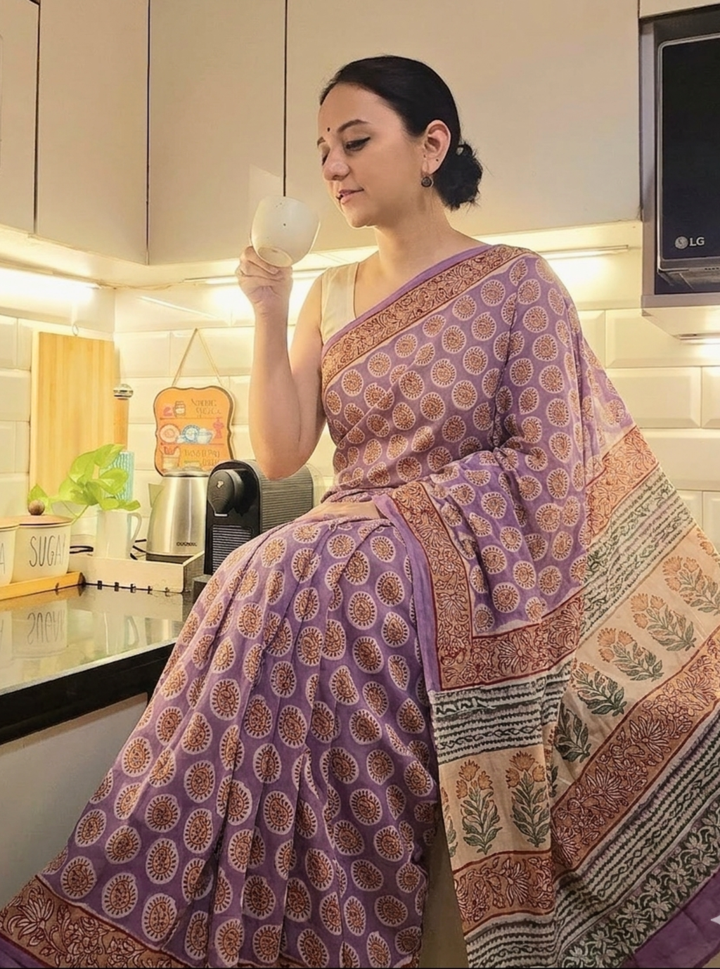 Lavender Handblock Cotton Linen Saree