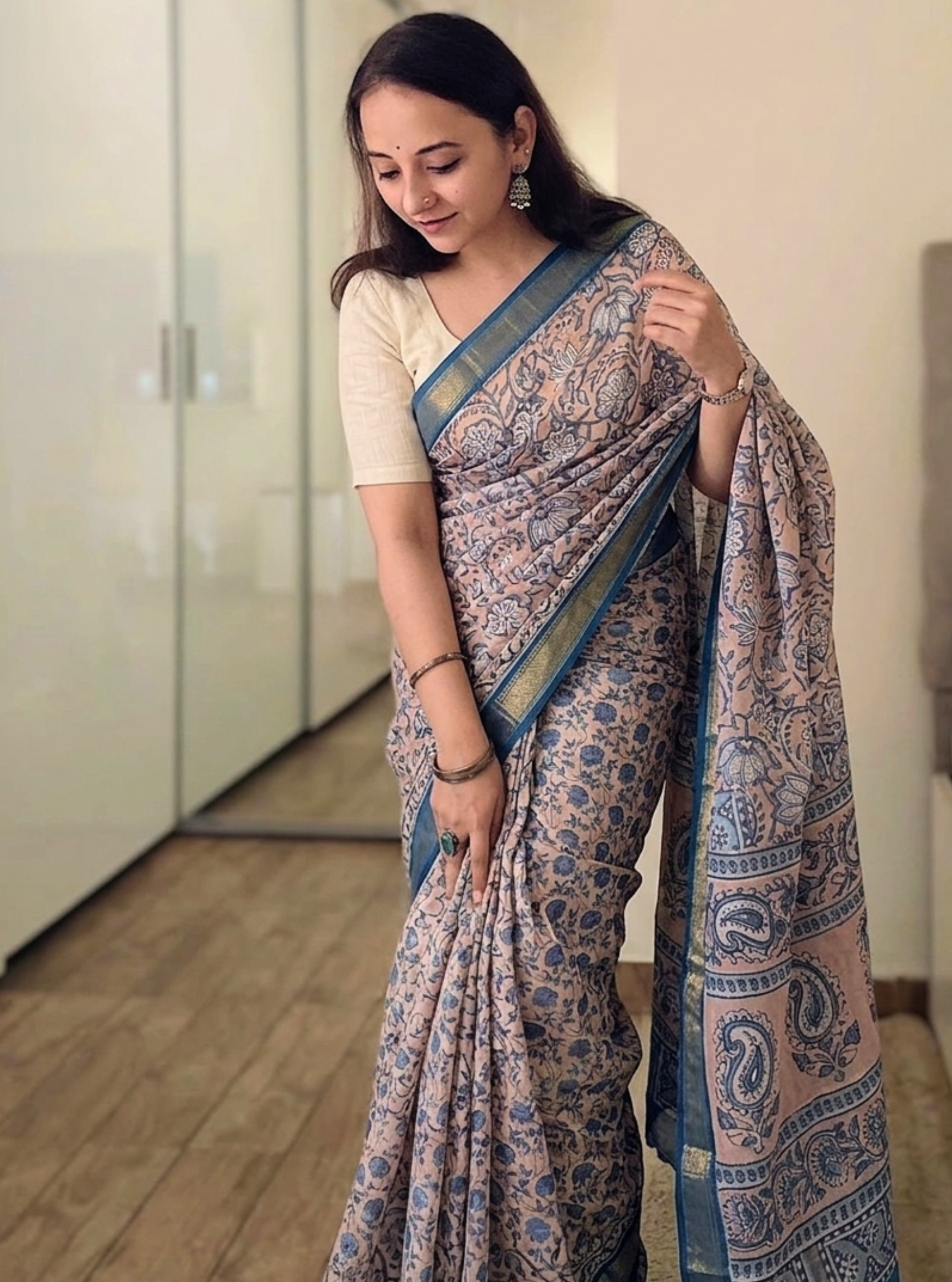 Blush Peach Handblock Cotton Linen Saree