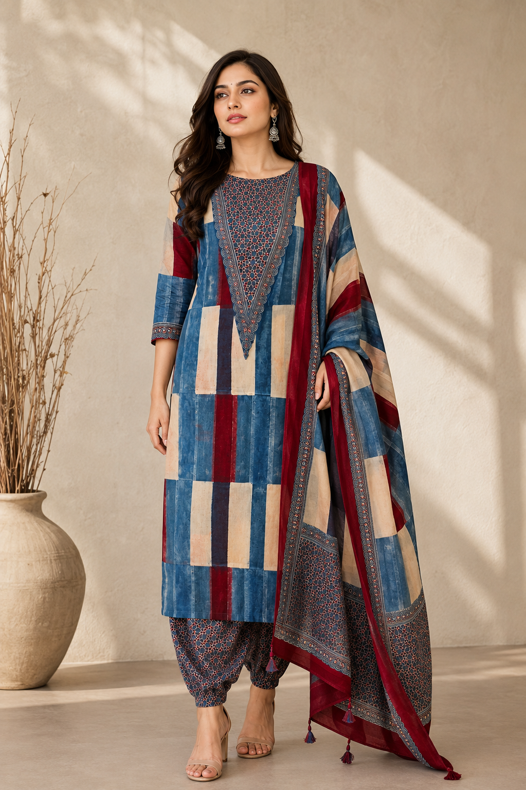Noor Indigo Ajrakh Modal 3pc Unstitched Suit Set