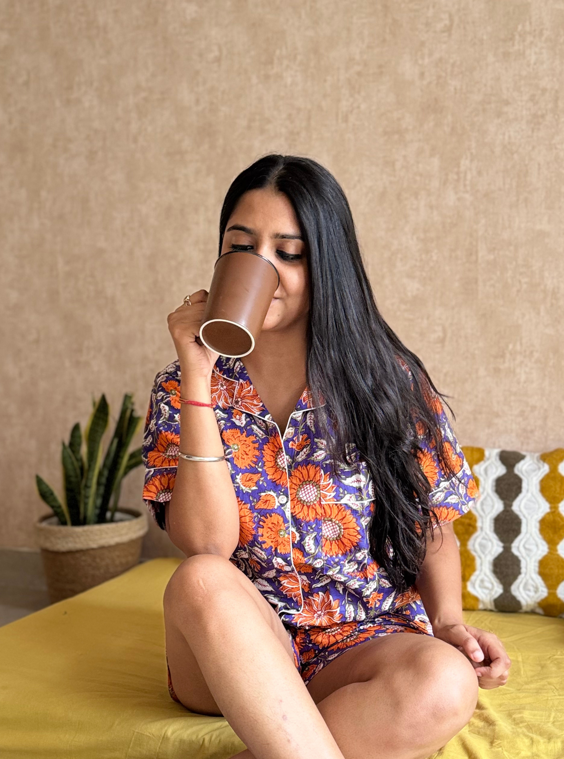 Sunset Floral Blockprint Nightsuit