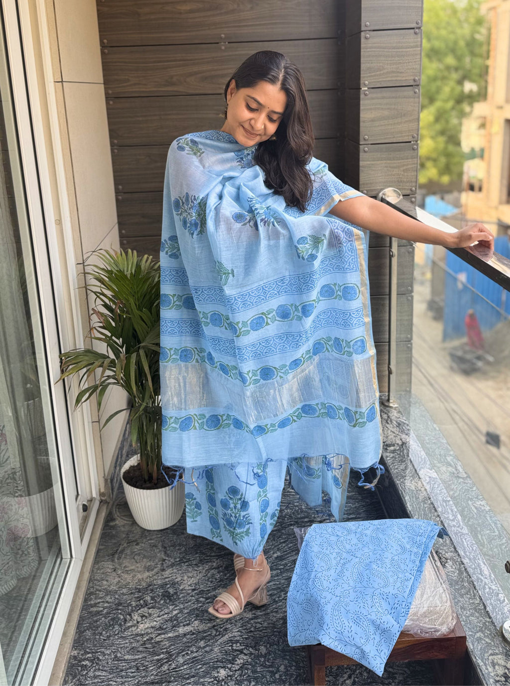 Powder blue Handblock Mul Chanderi Suit Set