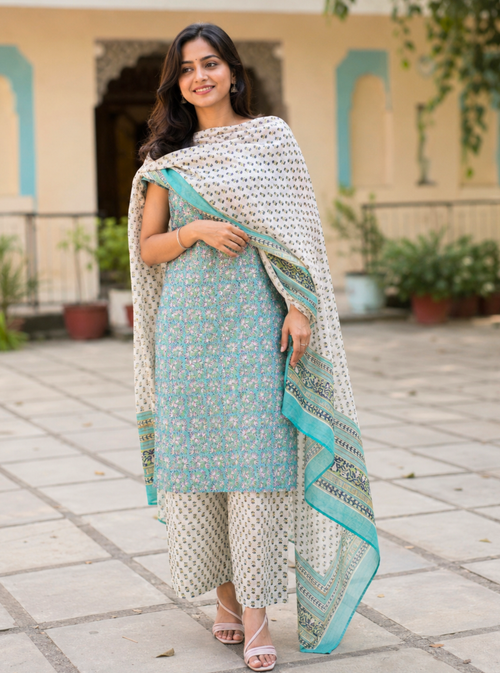 Aqua Blossom Handblock Chanderi Suit Set