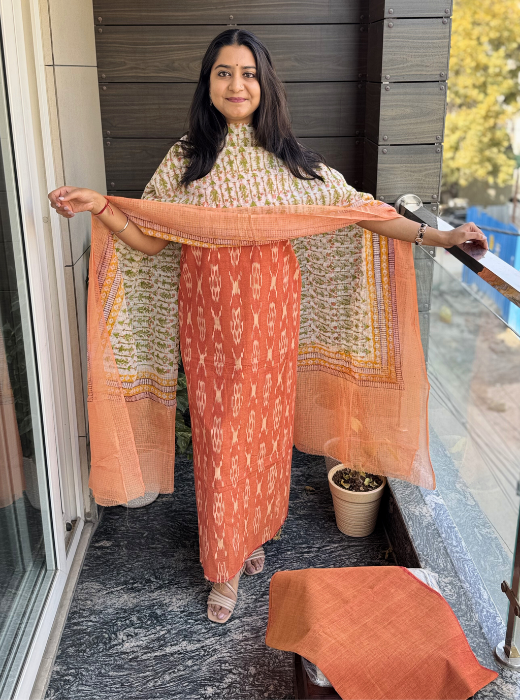 Gulnaar Rust Ikkat 3-Piece Suit Set