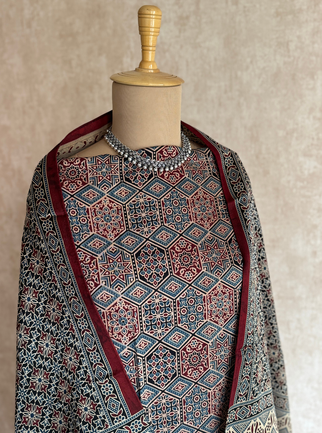 Noorani Ajrakh Mashru Silk Kurta Set with Tasselled Stole