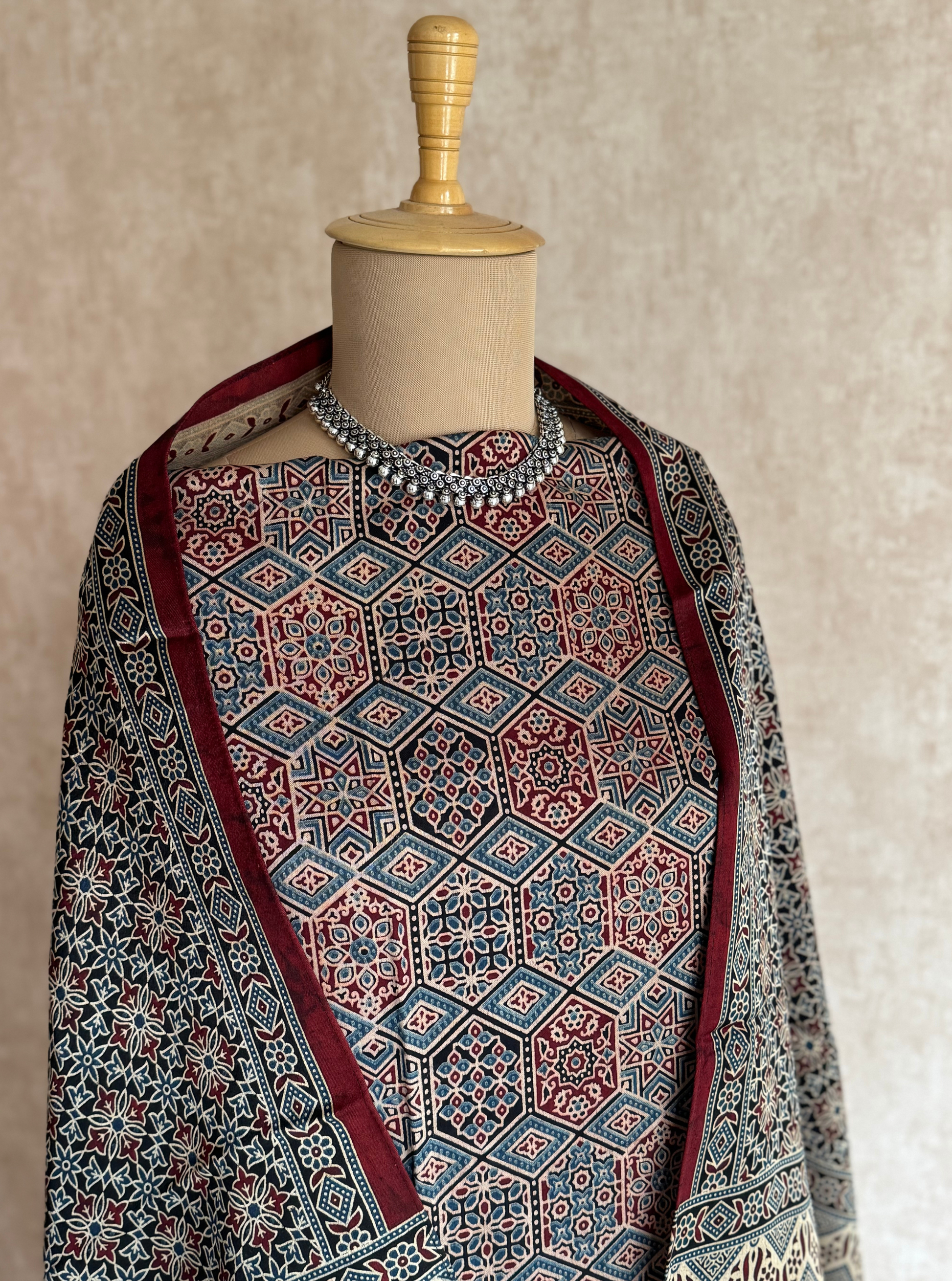 Noorani Ajrakh Mashru Silk Kurta Set with Tasselled Stole