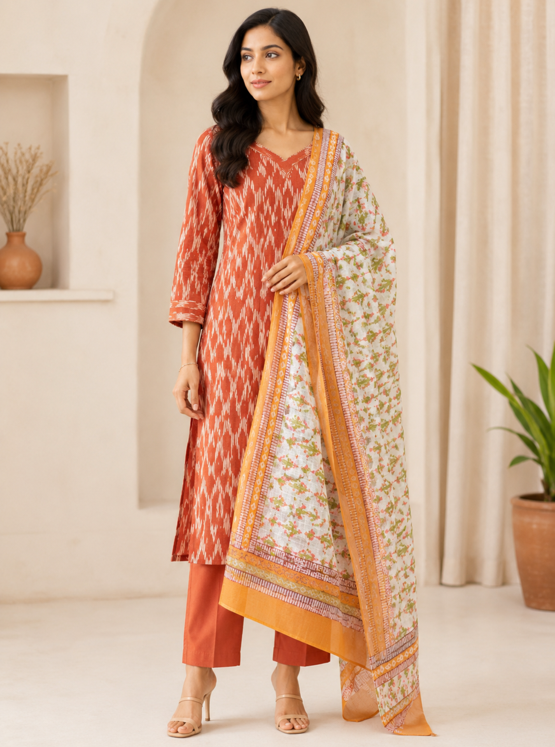 Gulnaar Rust Ikkat 3-Piece Suit Set