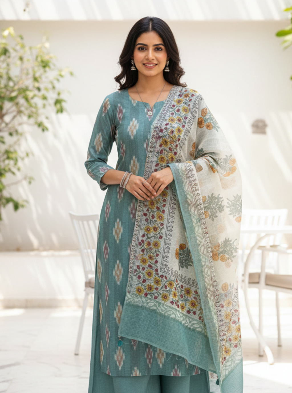 Neel Vana Ikkat Kurta Set with Kotadoriya Blockprint Dupatta