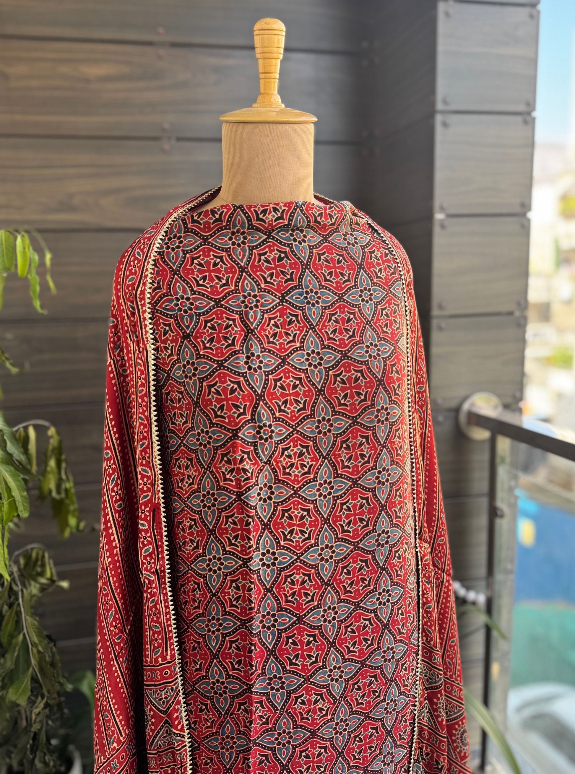 Crimson Charm Ajrakh Modal Silk 3-Piece Suit