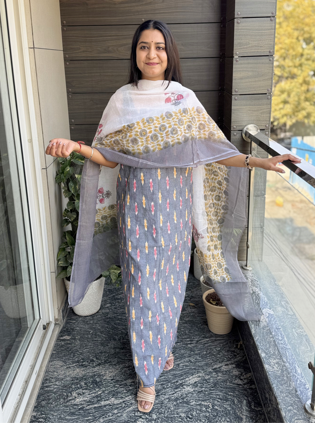 Grey Blossom Ikat Cotton Kurta with Printed Kota Doria Dupatta