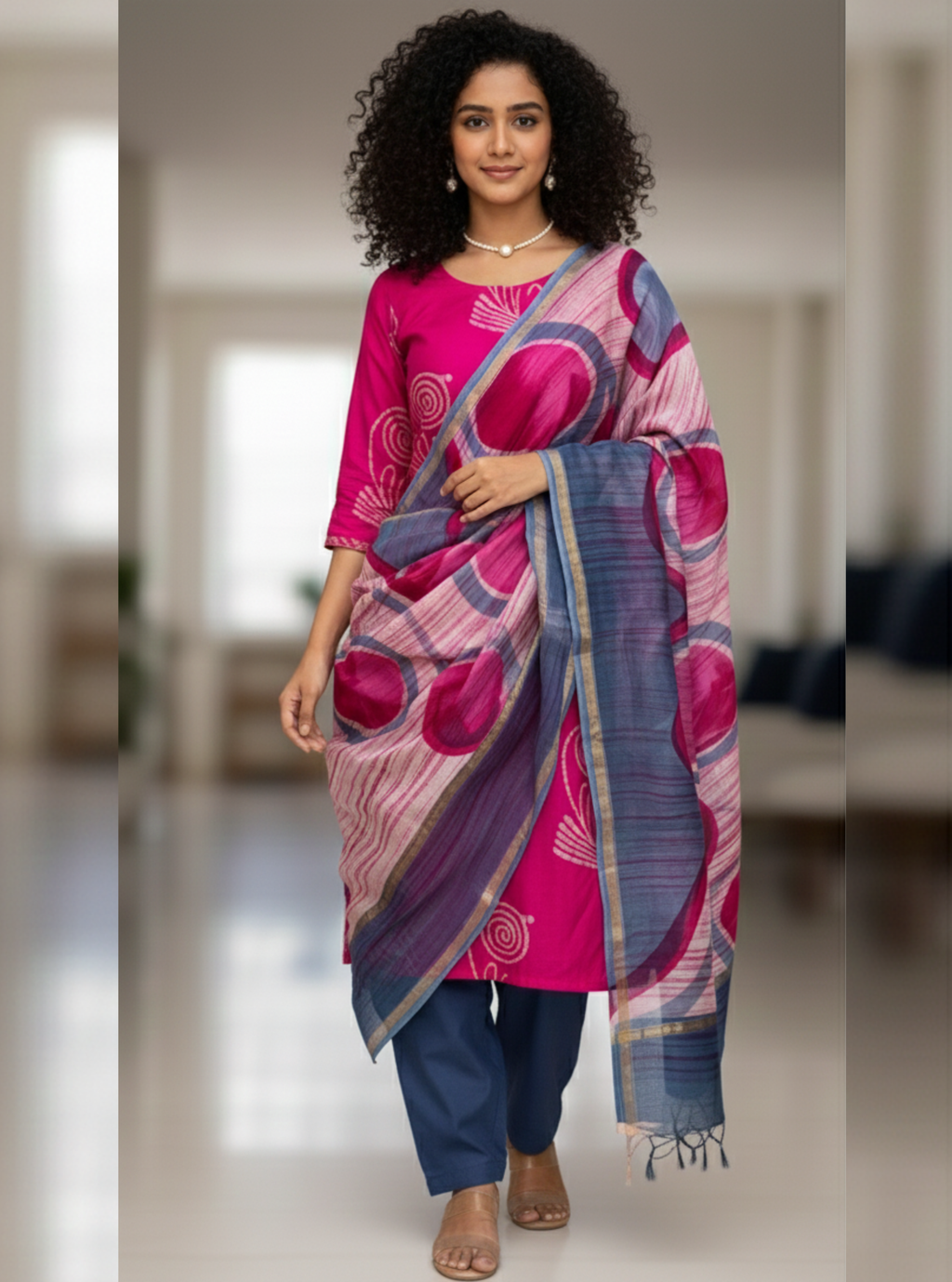 Rose Pink with Indigo Block Print Chanderi Silk Suit Set