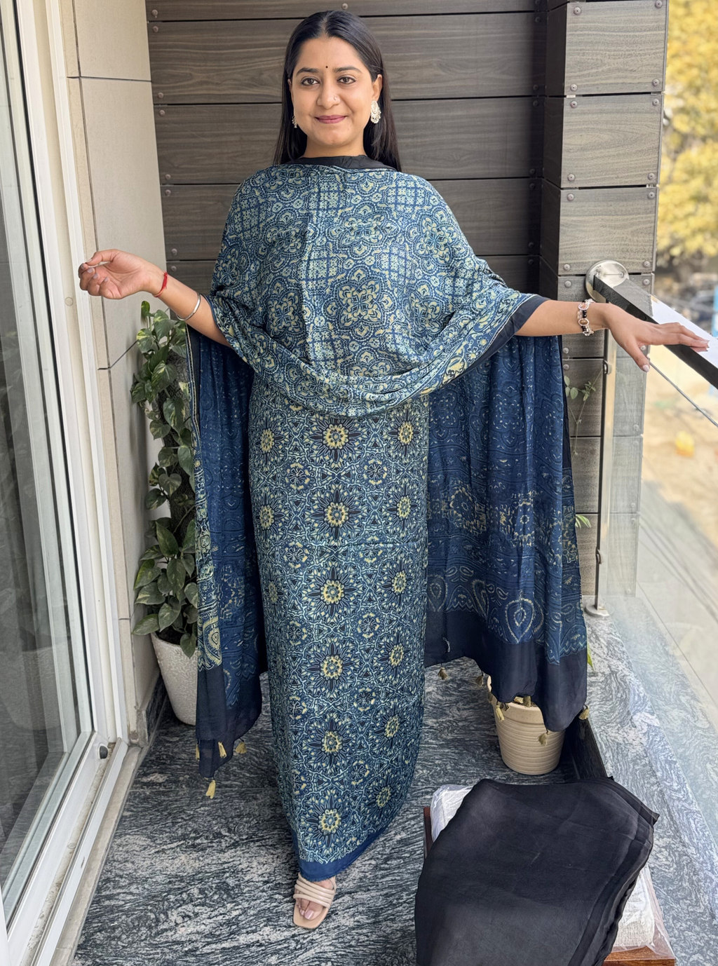 Royal Blue Ajrakh Modal Silk 3-Piece Suit