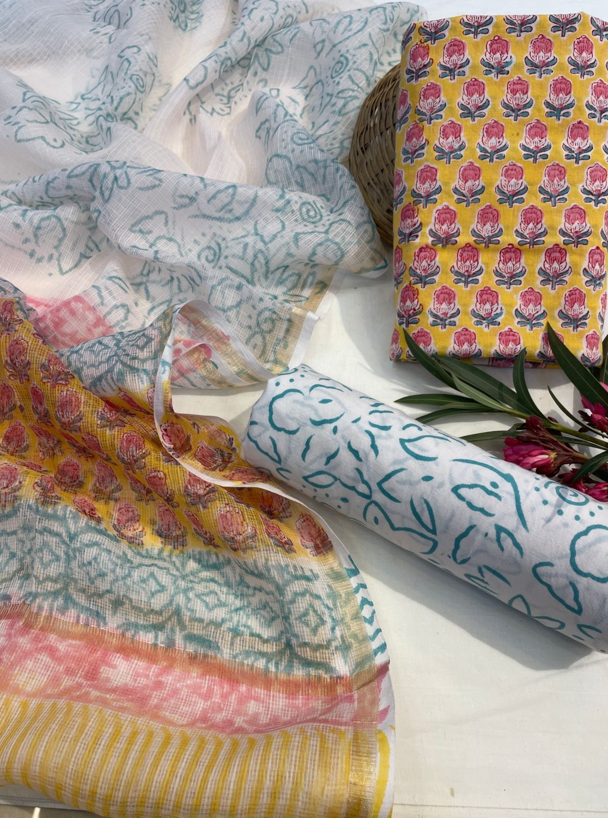 Mustard Aqua Phool Cotton Mul Suit Set with Kotadoriya Dupatta