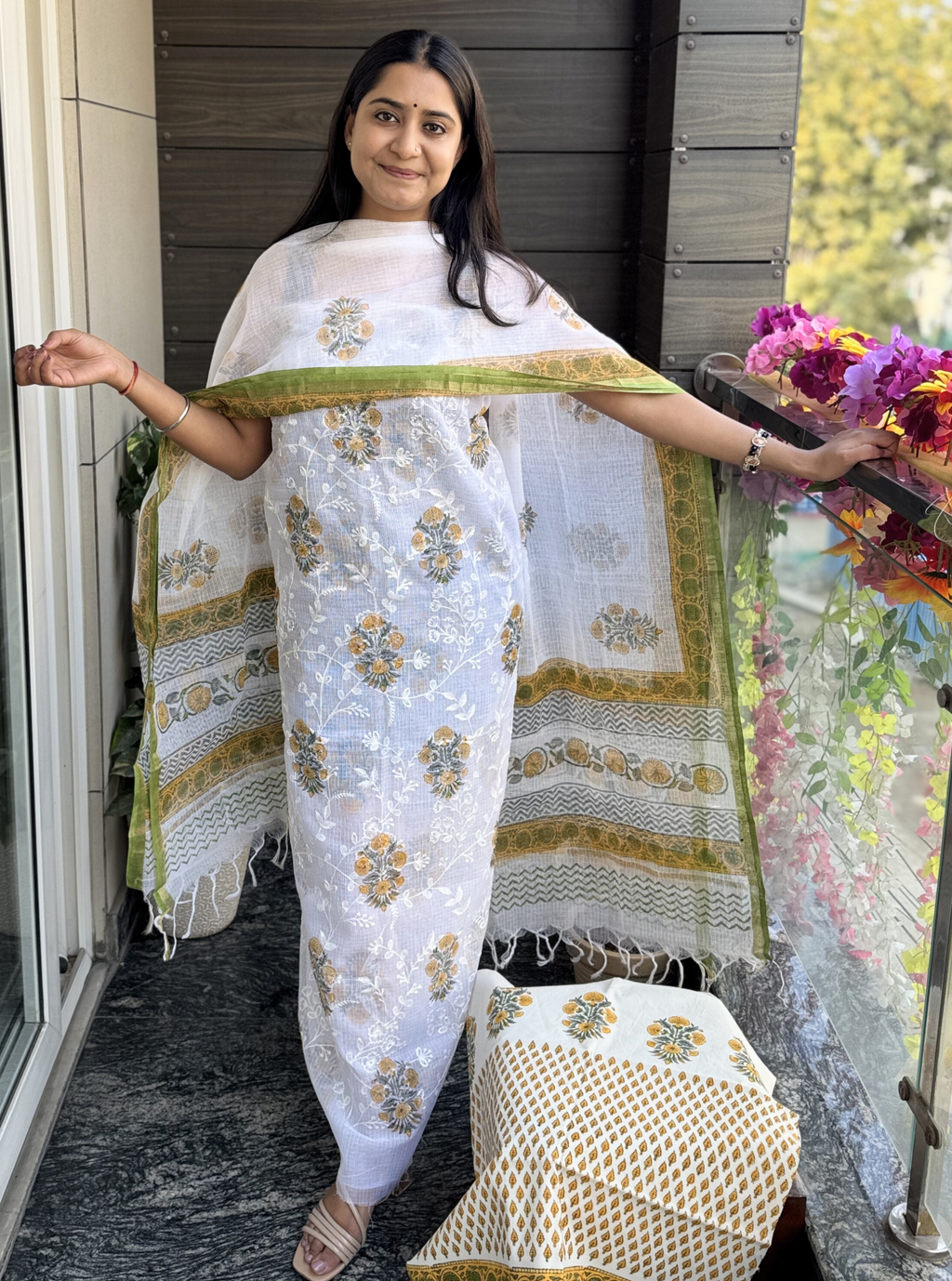 Mustard Meadow Hand Block Kota Doriya Suit Set