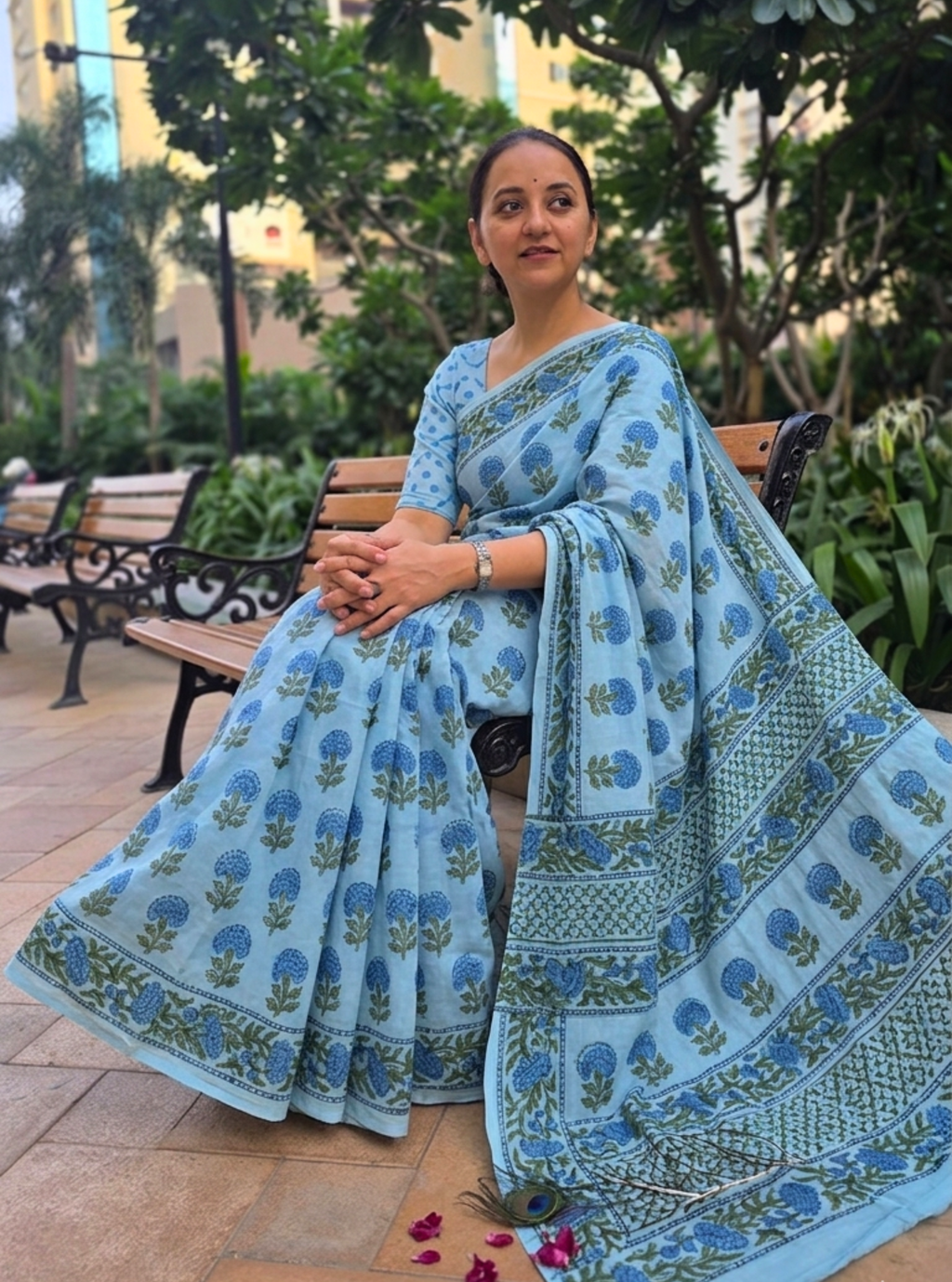 Blooming Blue Mulmul Cotton Saree