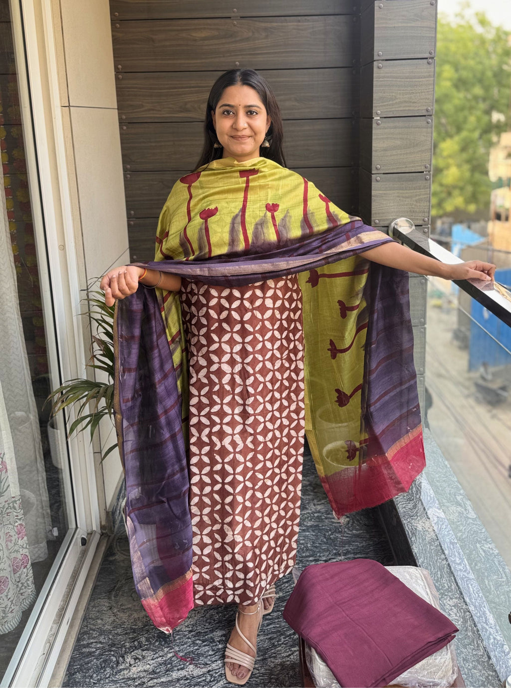 Coffee Brown Handblock Maheshwari Suit Set