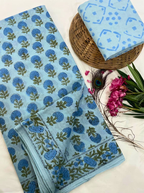 Blooming Blue Mulmul Cotton Saree