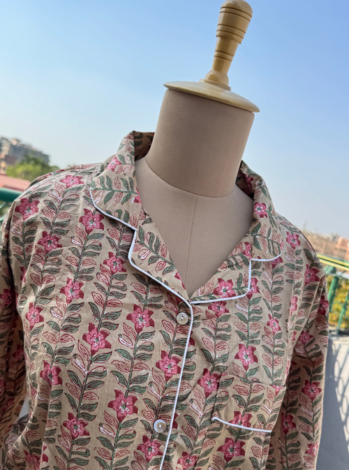 Blush Bloom Blockprint Nightsuit
