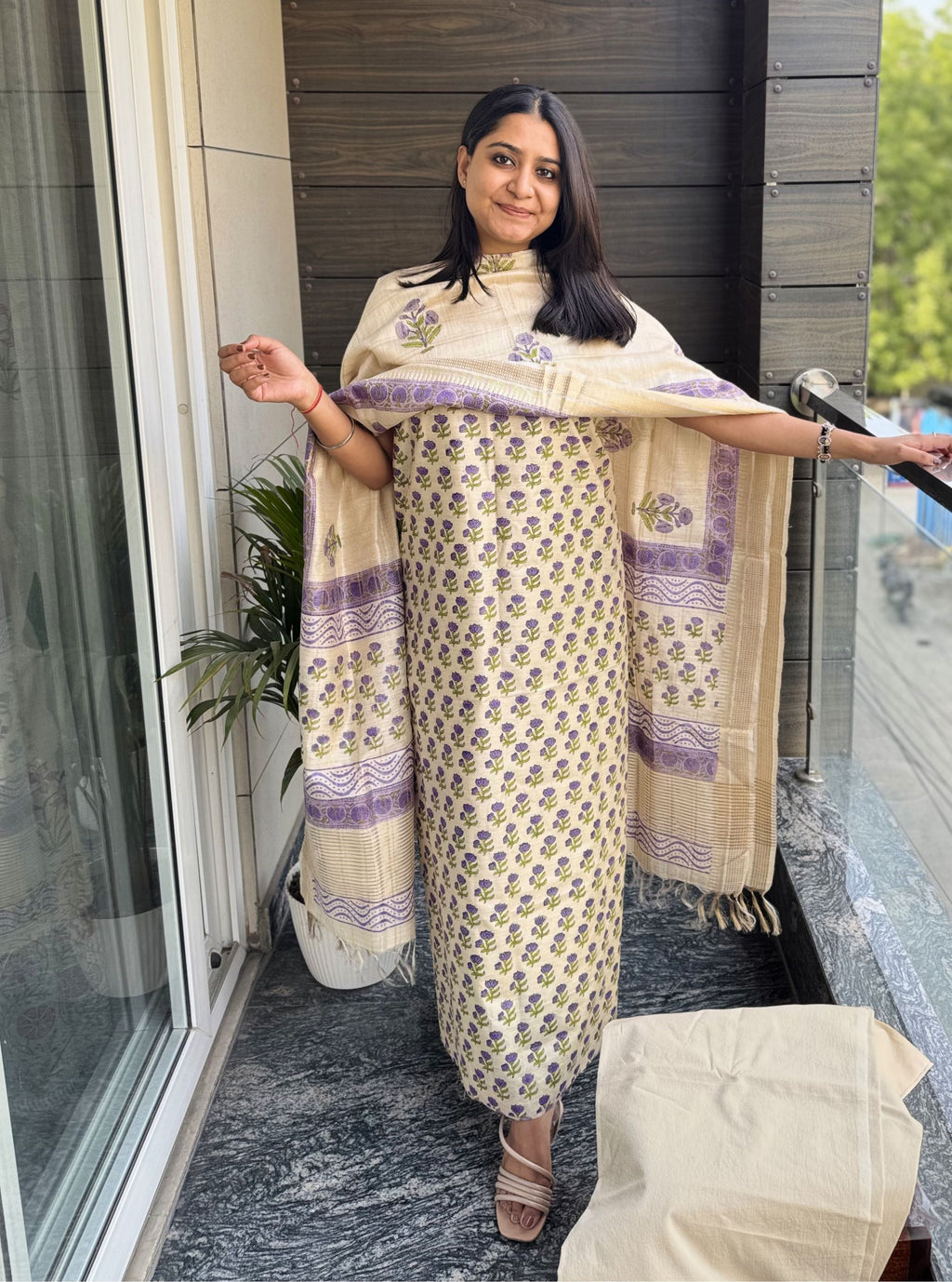 Lavender Bloom Handblock Moonga Silk Suit Set