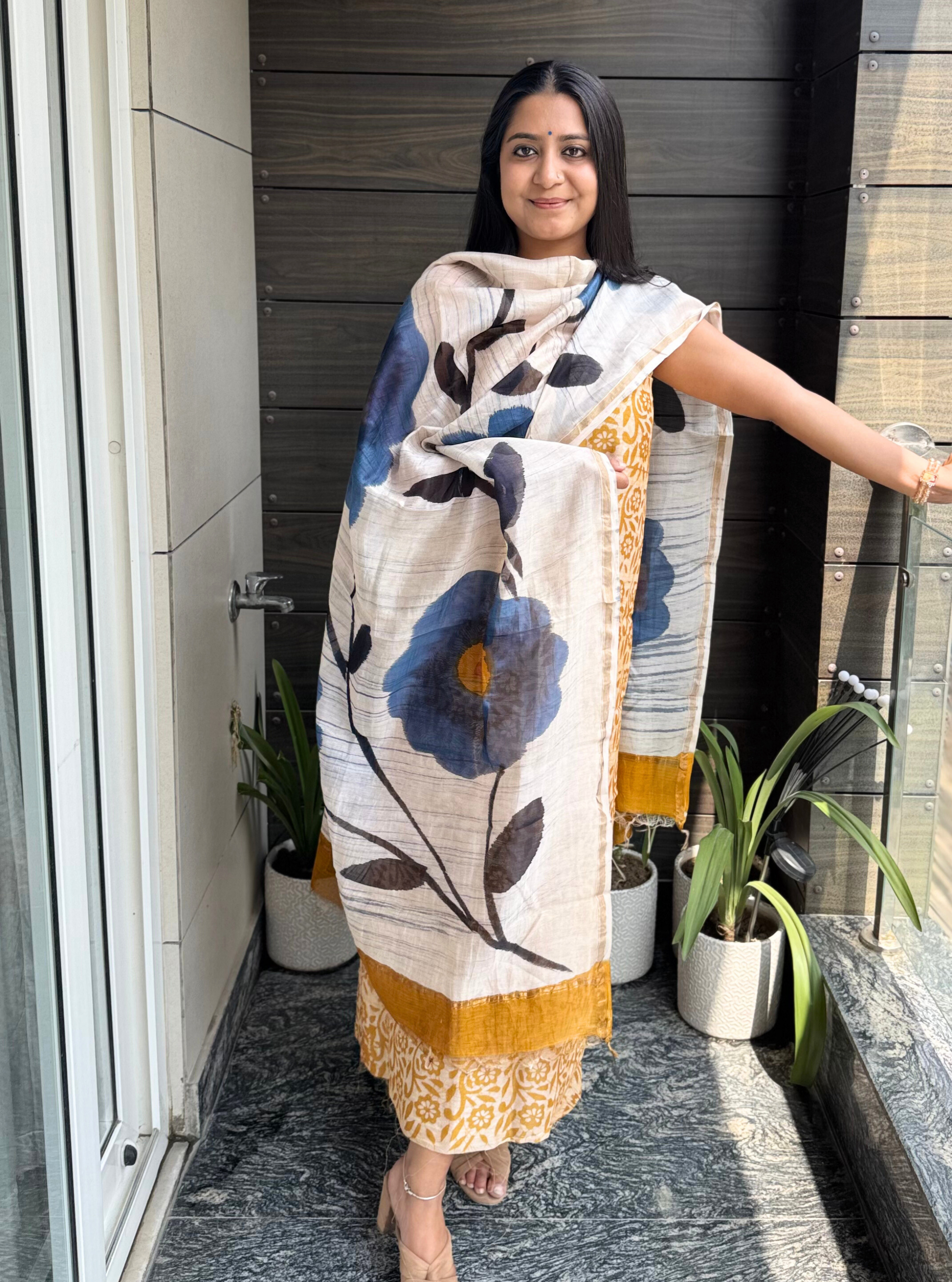 Golden Bloom Chanderi Silk Block Print Suit