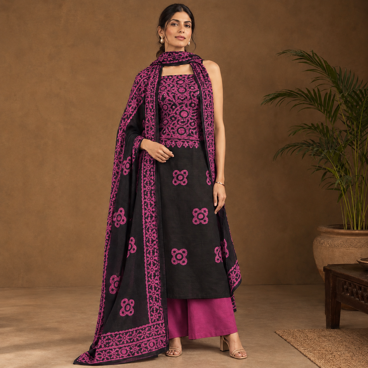 Rangrez Cotton Batik 3-Piece Unstitched Suit Set with Kota Doria Dupatta