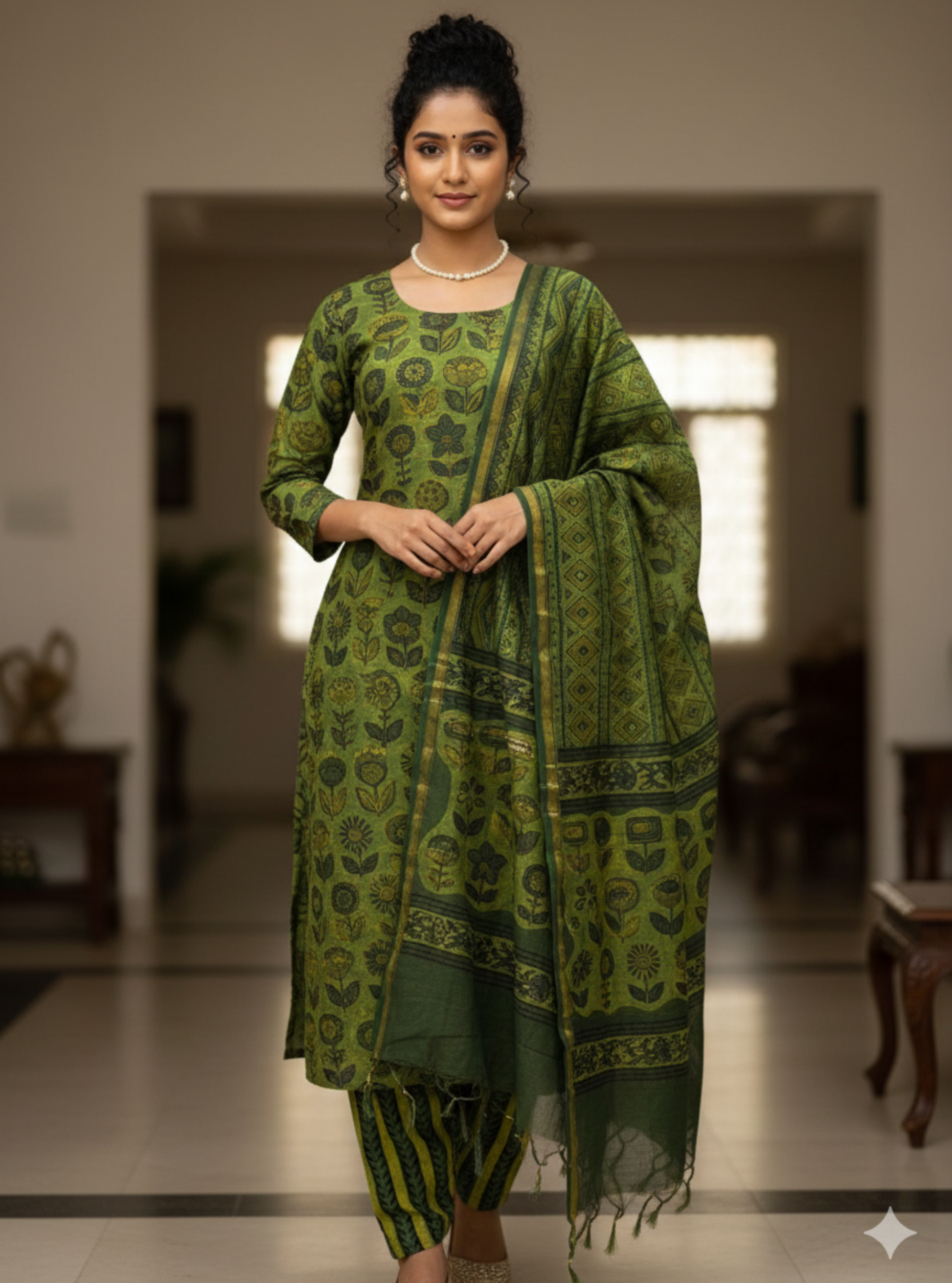 Green Bagh Print Chanderi Silk Suit Set