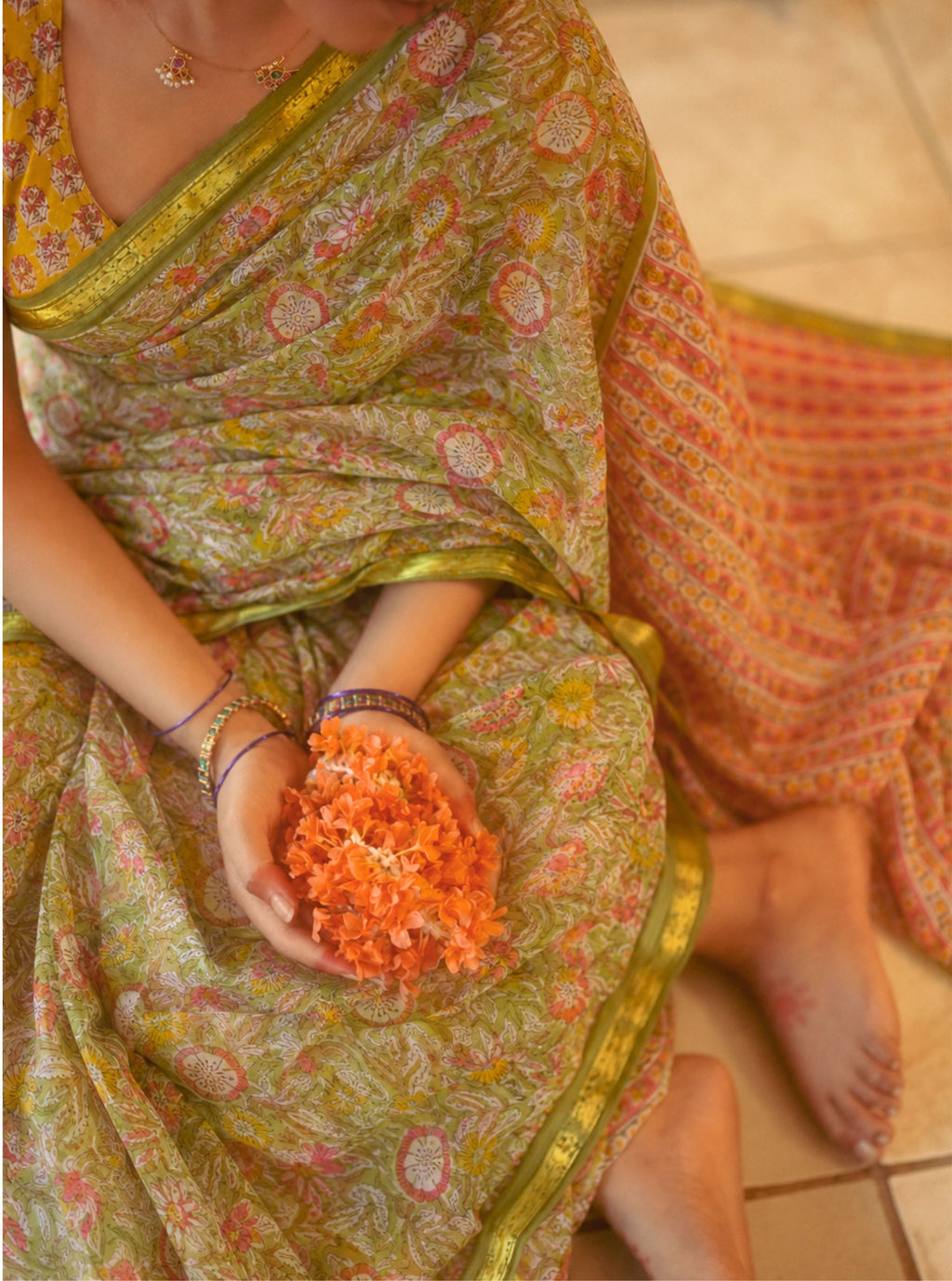 Olive Green Chiffon Handblock Saree