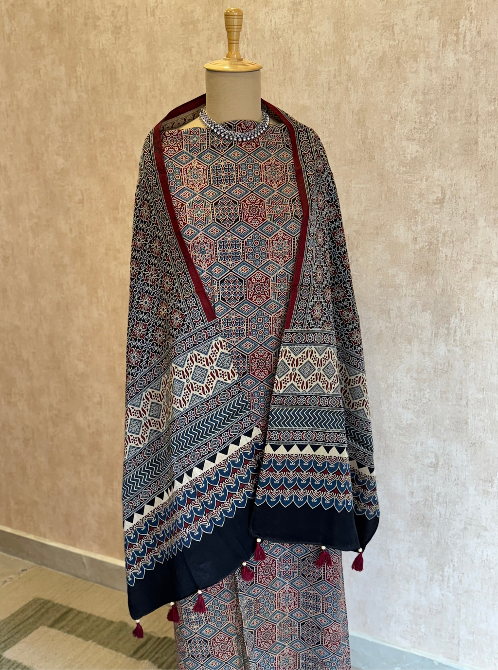 Noorani Ajrakh Mashru Silk Kurta Set with Tasselled Stole