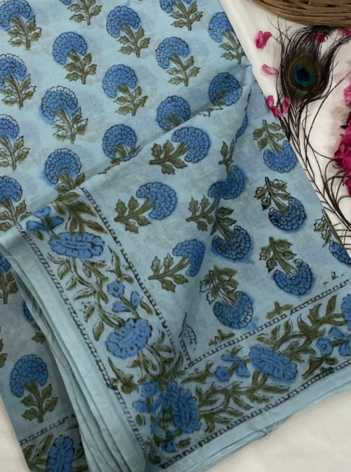 Blooming Blue Mulmul Cotton Saree