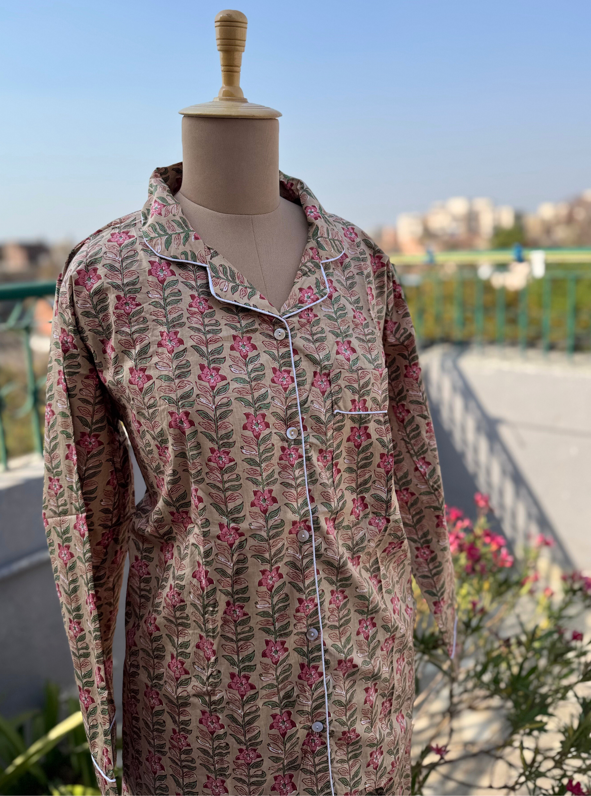 Blush Bloom Blockprint Nightsuit