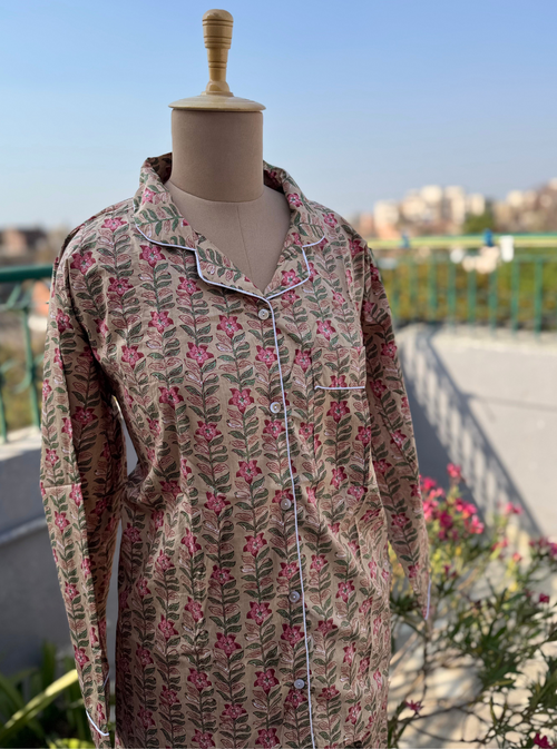 Blush Bloom Blockprint Nightsuit