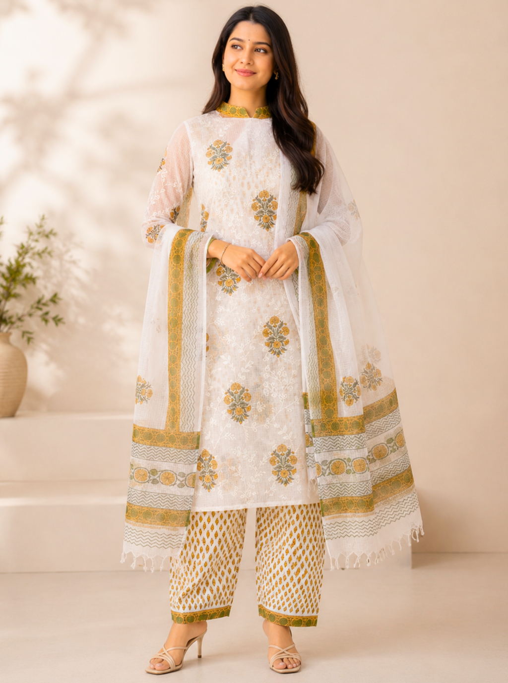 Mustard Meadow Hand Block Kota Doriya Suit Set