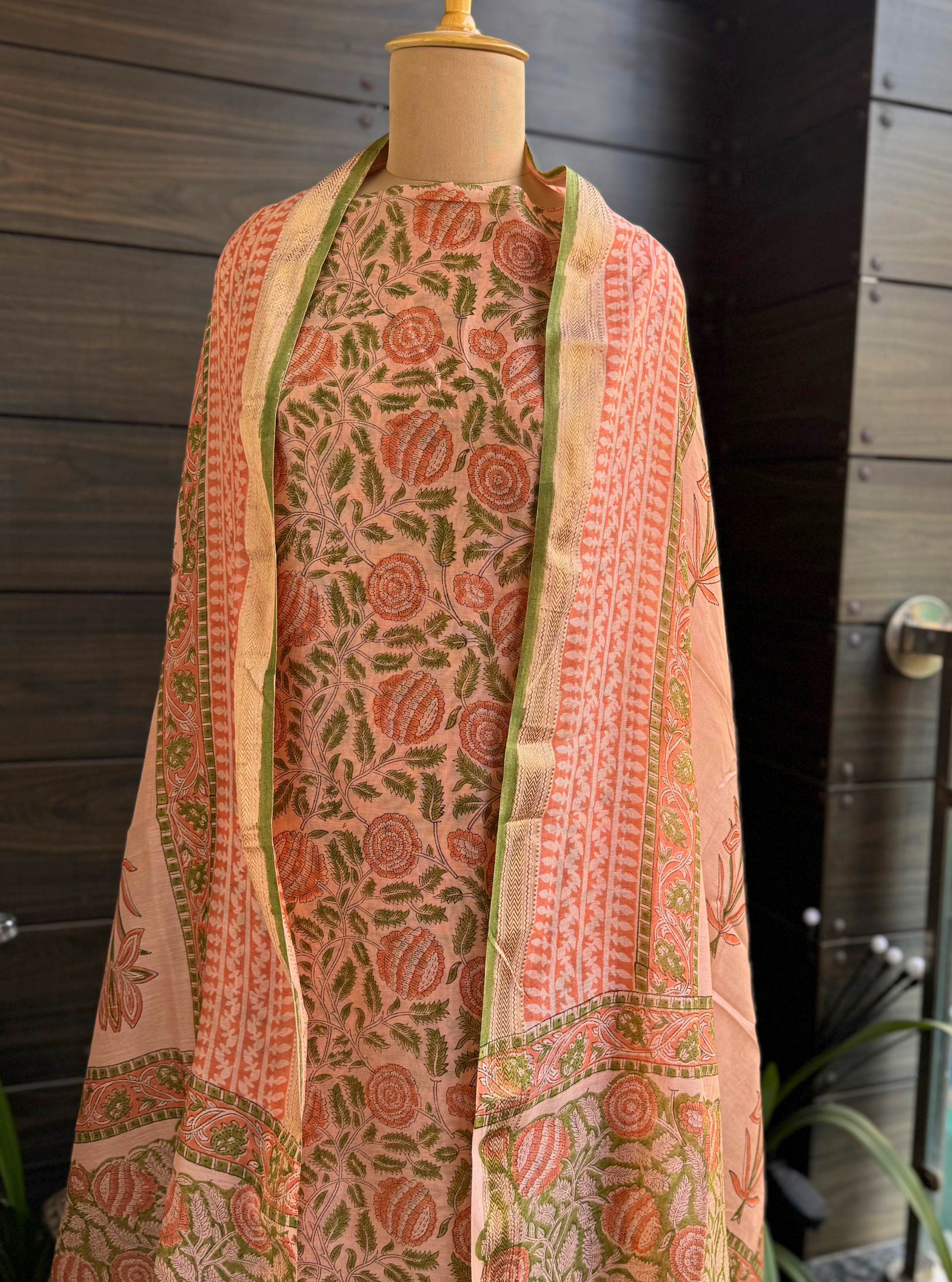 Peach Blossom Maheshwari Silk Suit Set