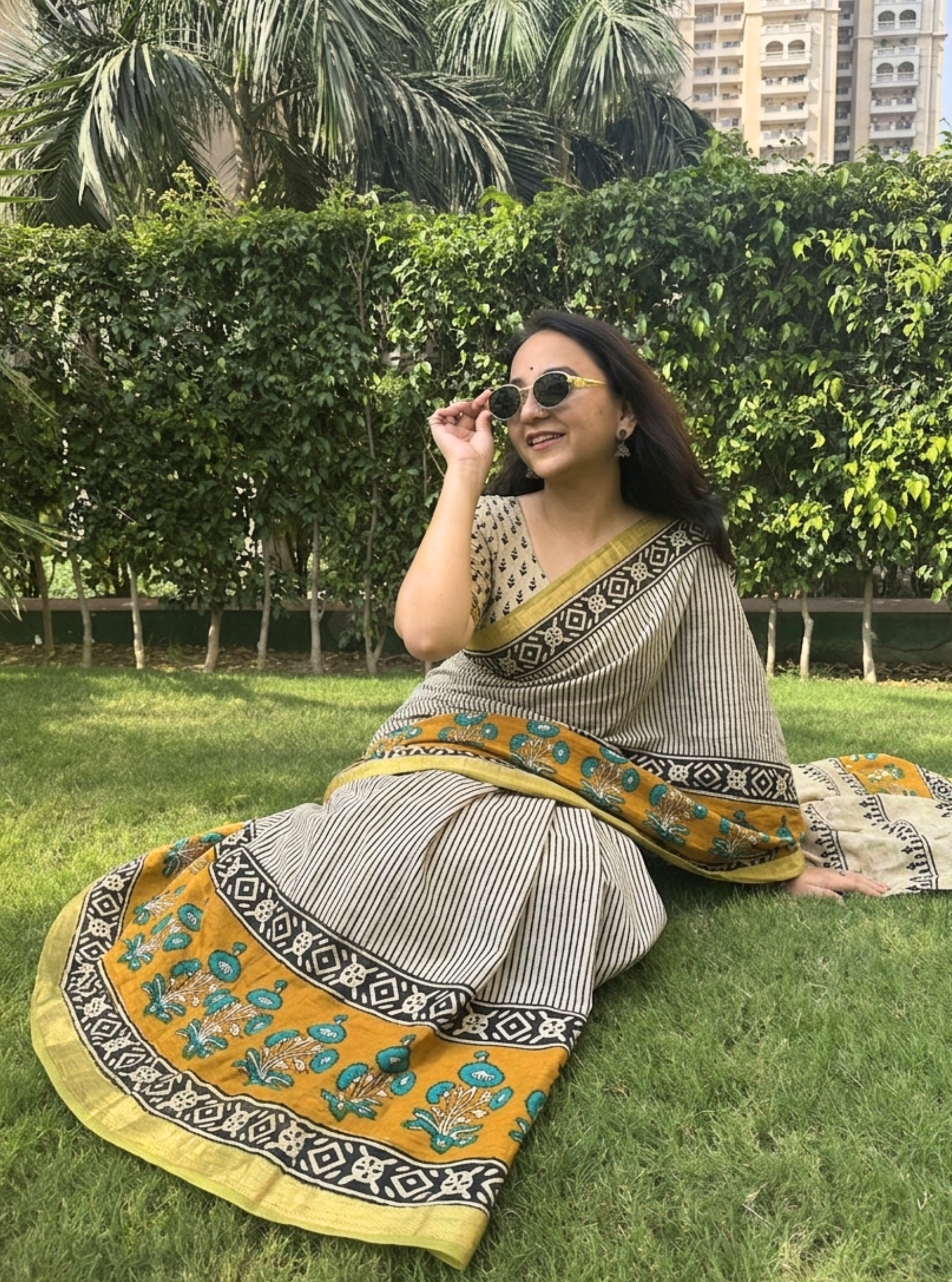Mustard Handblock Cotton Linen Saree