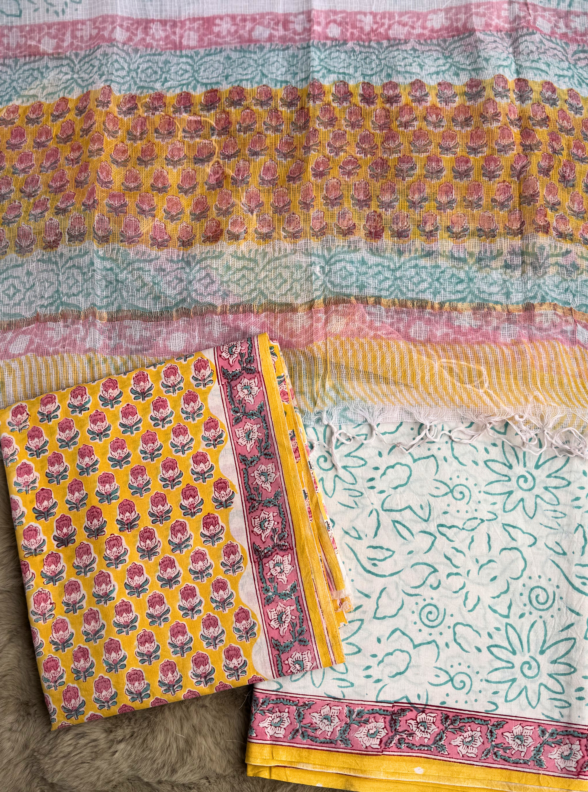 Mustard Aqua Phool Cotton Mul Suit Set with Kotadoriya Dupatta