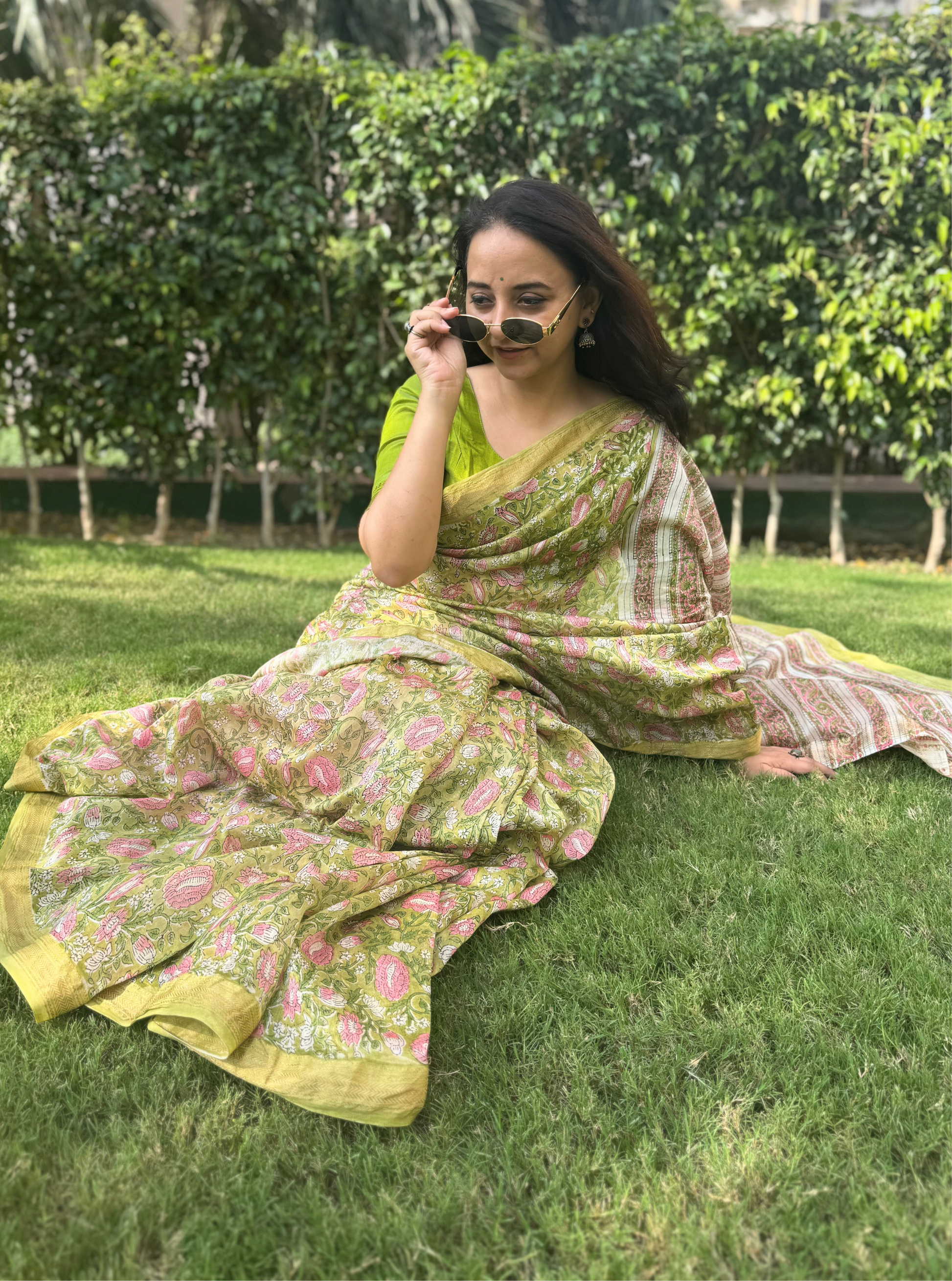 Gulmohar Bloom Maheshwari Silk Blockprint Saree
