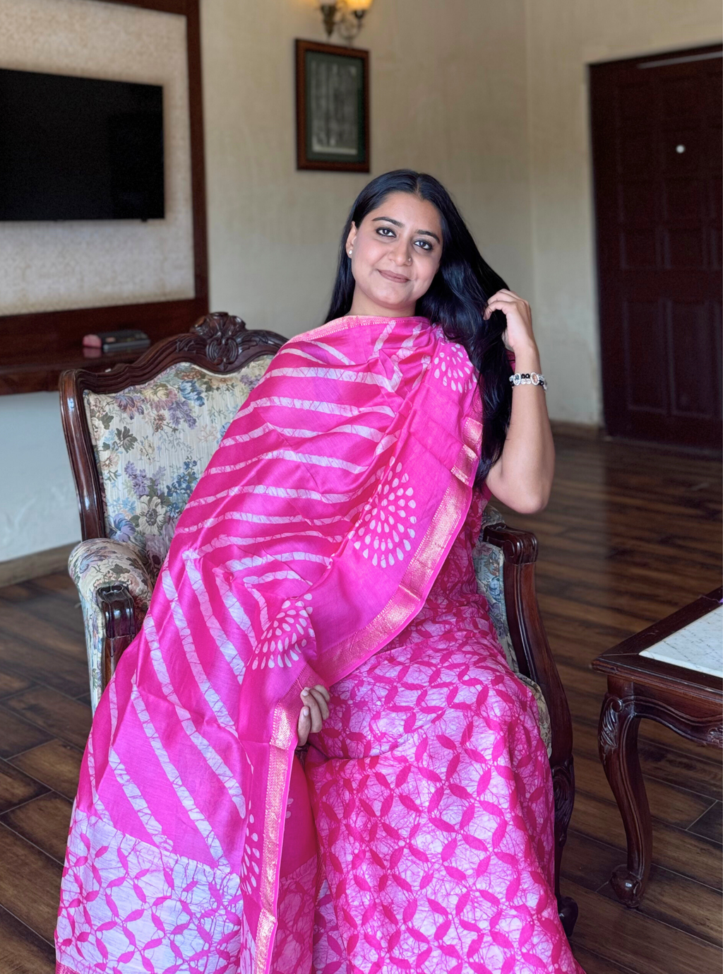 Fuchsia Glow Maheshwari Silk Suit Set