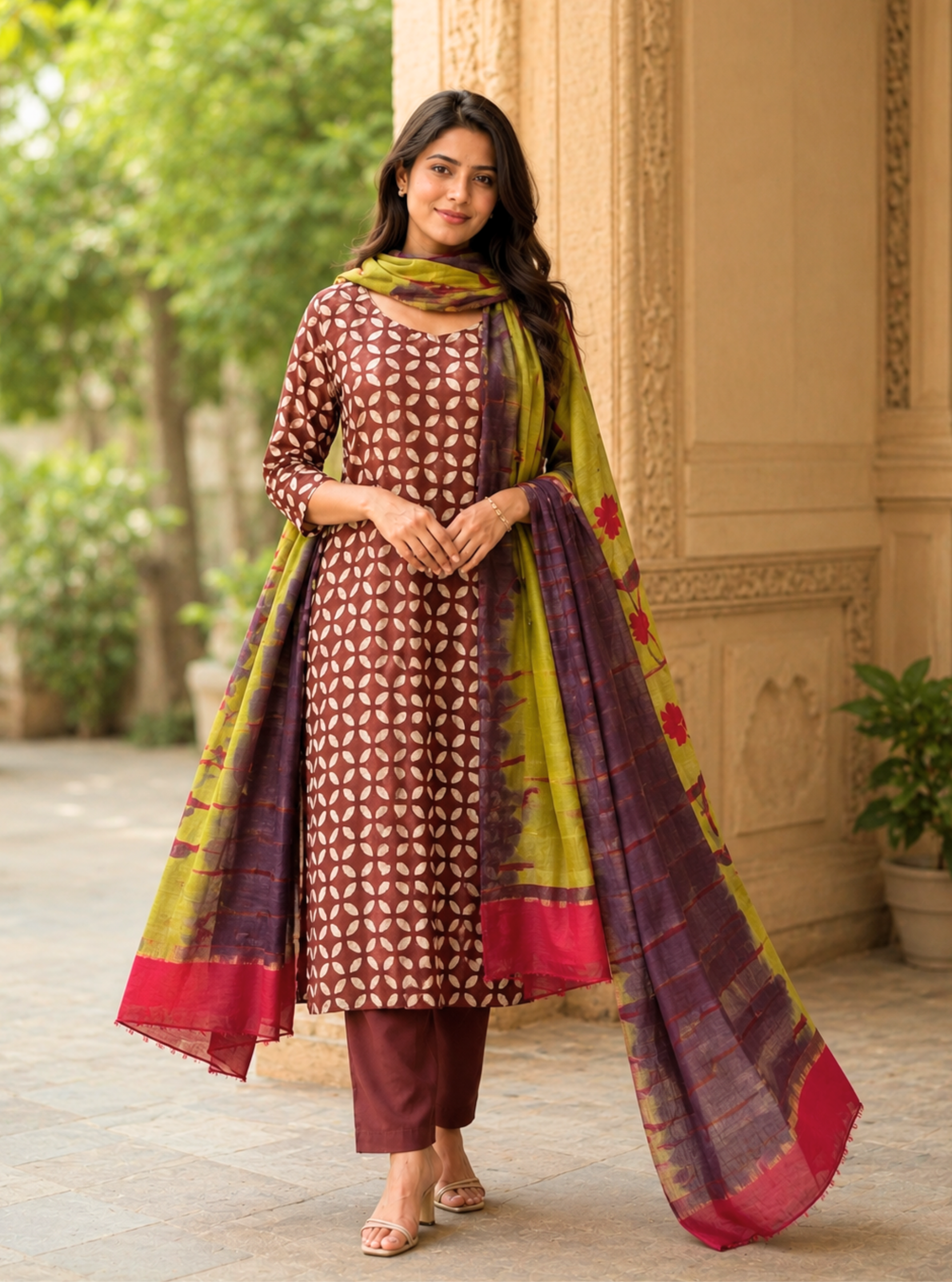 Coffee Brown Handblock Maheshwari Suit Set