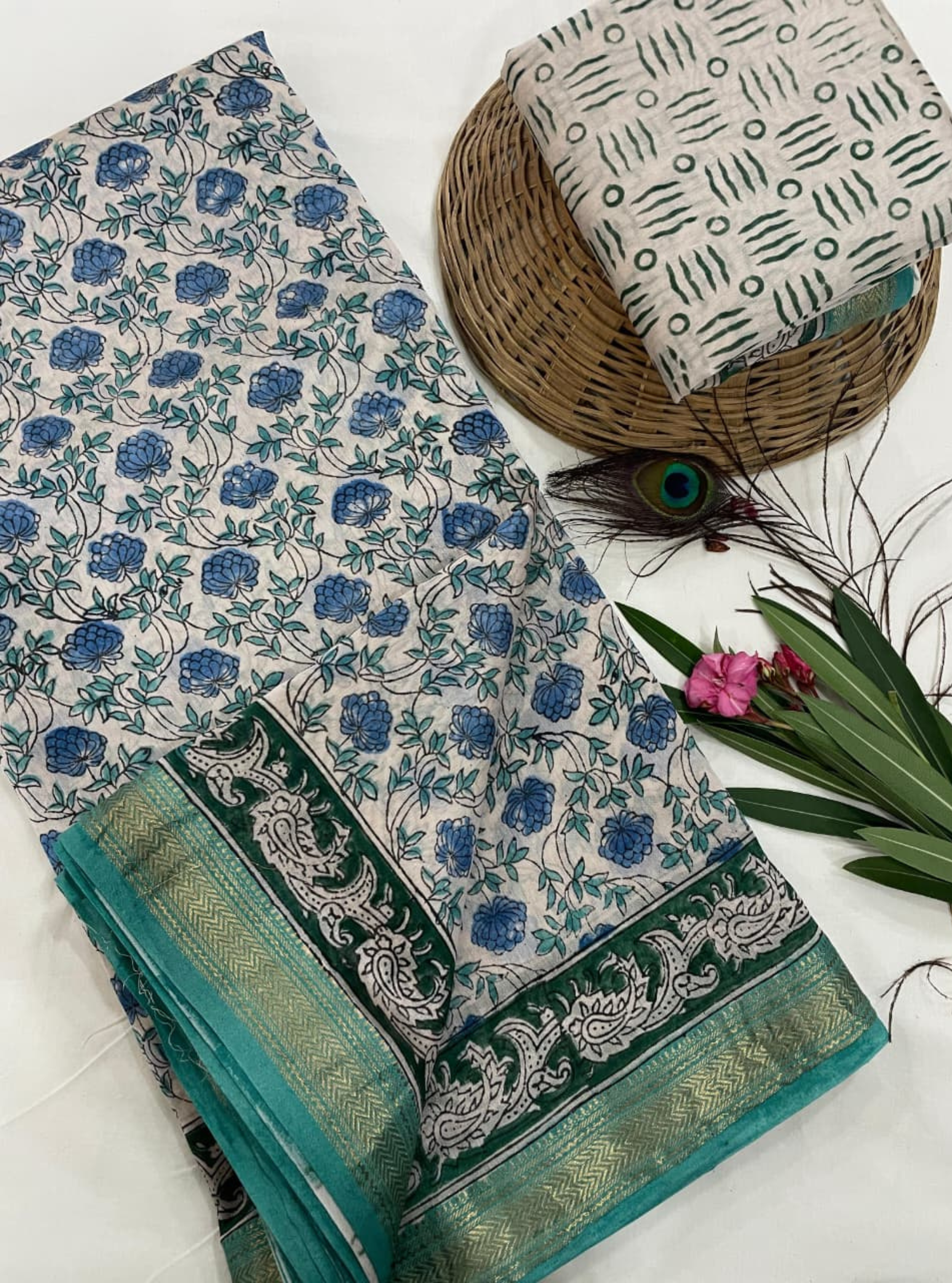 Blue Bloom Maheshwari Silk Blockprint Saree