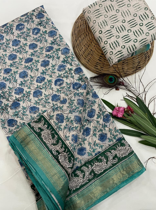 Blue Bloom Maheshwari Silk Blockprint Saree