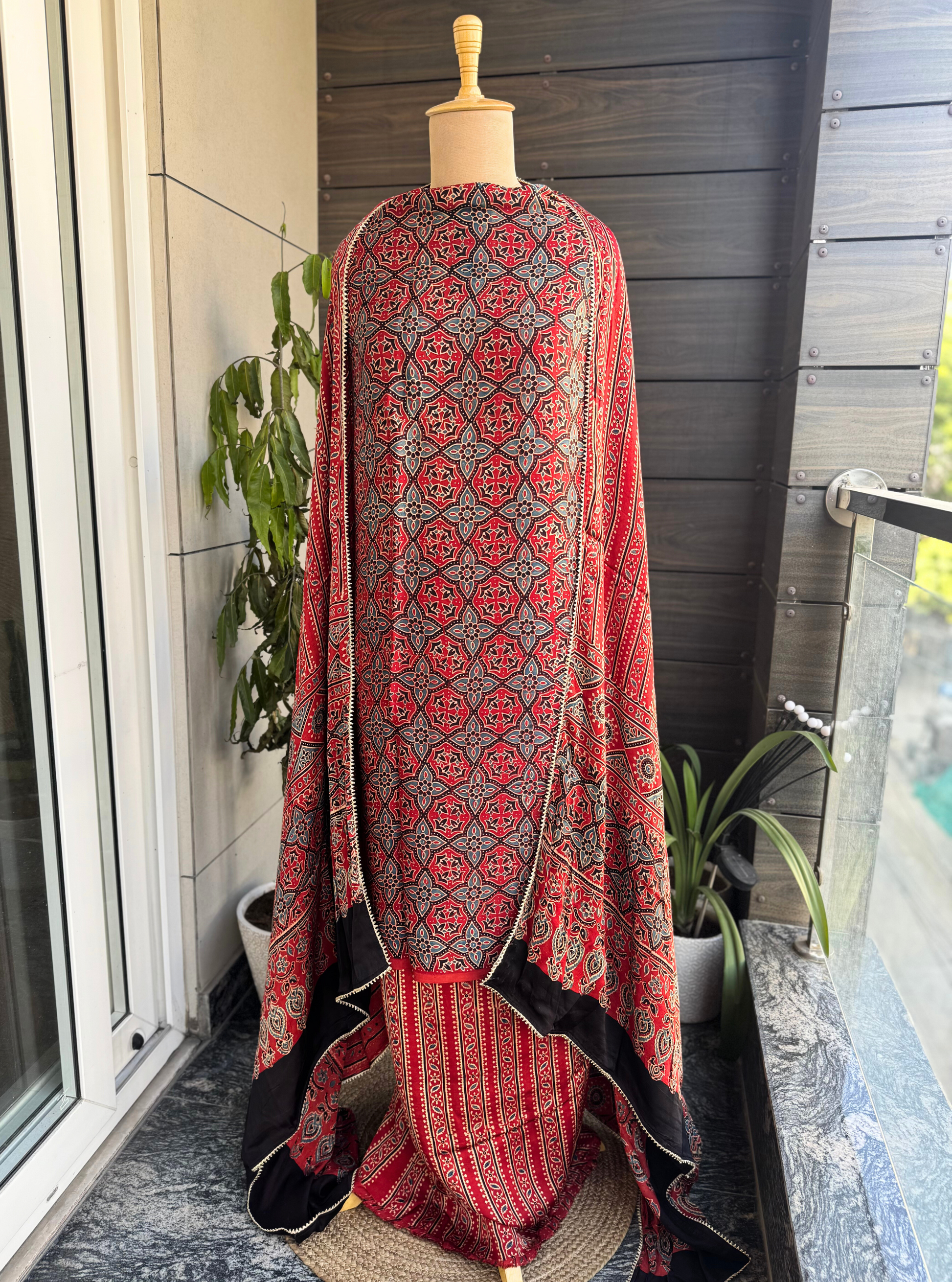 Crimson Charm Ajrakh Modal Silk 3-Piece Suit