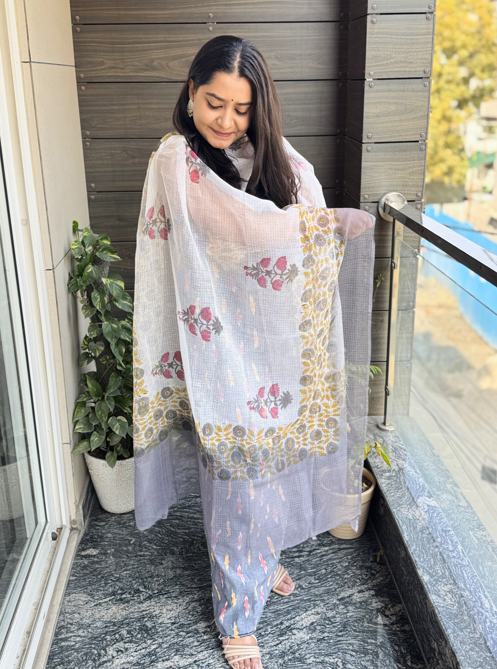 Grey Blossom Ikat Cotton Kurta with Printed Kota Doria Dupatta