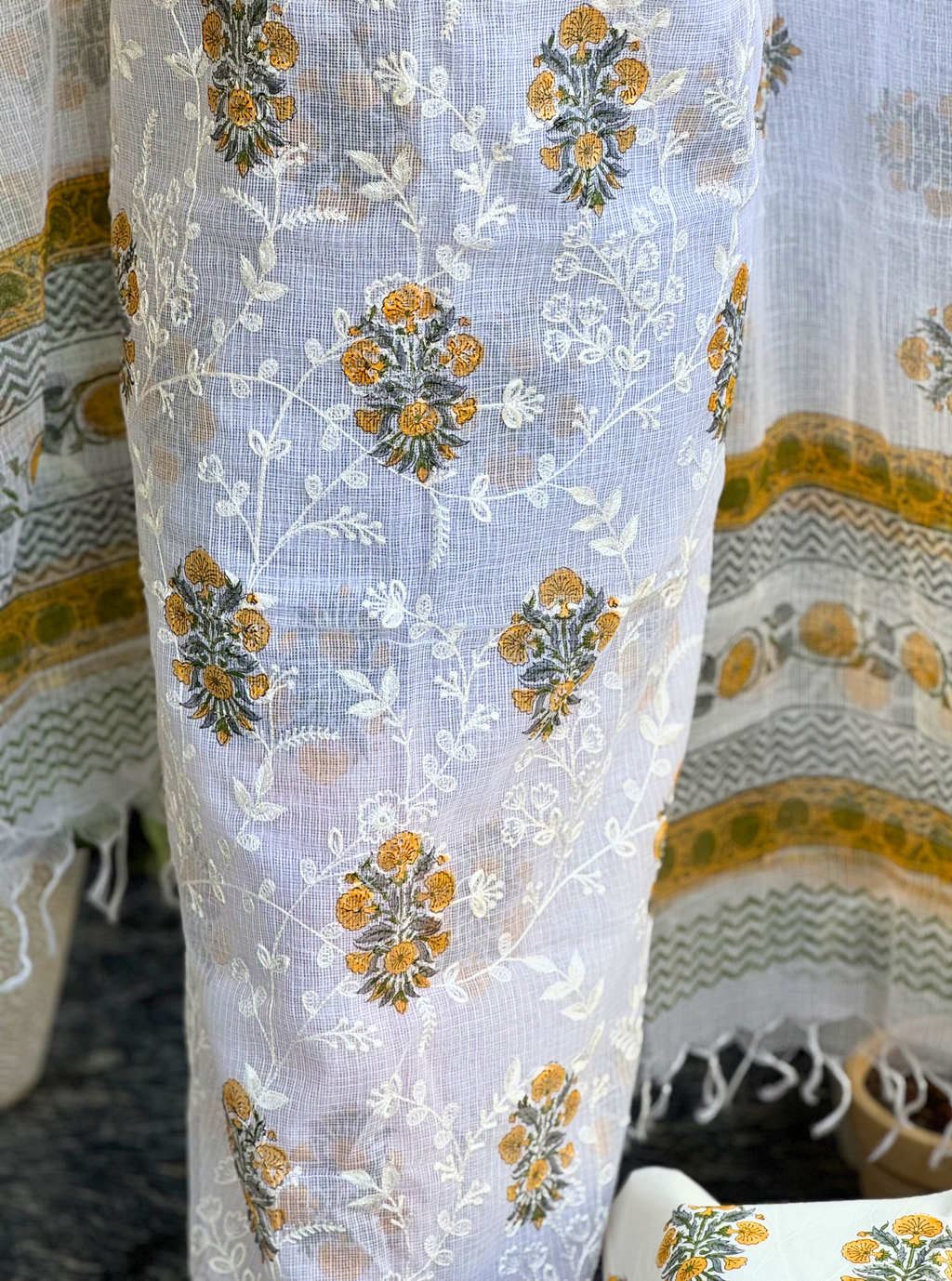 Mustard Meadow Hand Block Kota Doriya Suit Set