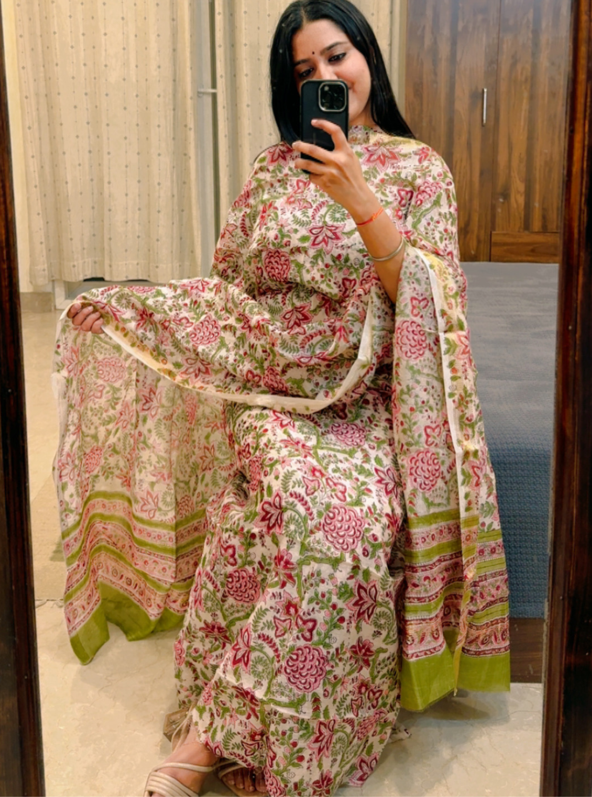 Gulbagh Pink-Green Maheshwari Handblock Suit Set