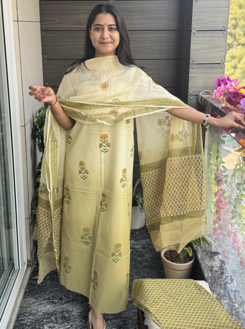 Marigold Hand Block ombre cotton mul suit set