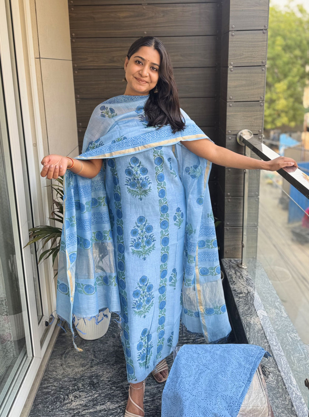 Powder blue Handblock Mul Chanderi Suit Set